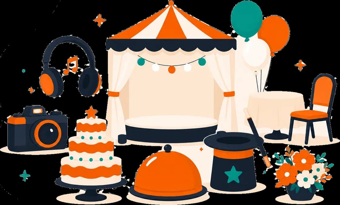 A marquee, cake, camera, headphones, flowers and other event services