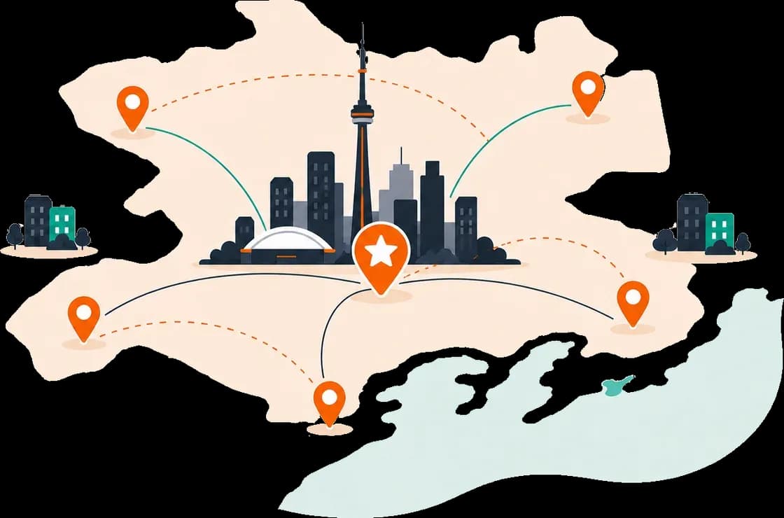 A map of the Greater Toronto Area with location pins around Toronto