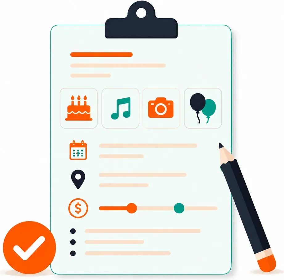 Event request form with service, date, location and budget selections