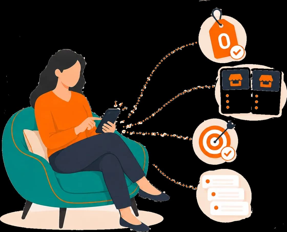 A planner reviewing vendor responses on her phone from an armchair
